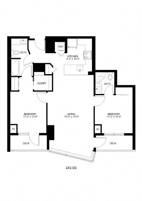 Floor plan for 2 beds, 2 baths, 1024 sqft